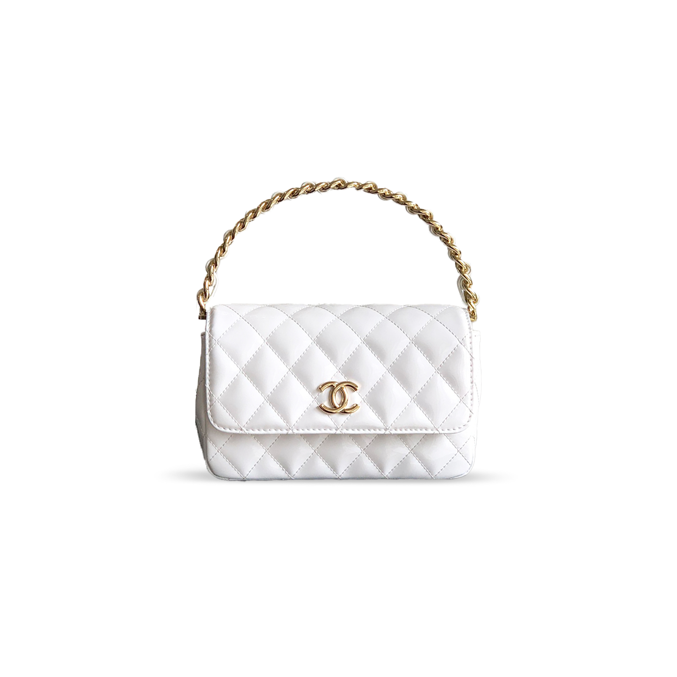 Ch*el handle flap bag patent calfskin & gold metal white 496584 (18.5*10.5*8cm)